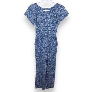 Copper Key Blue White Floral Short Sleeve Jumpsuit Size Large Elastic Waist Bow